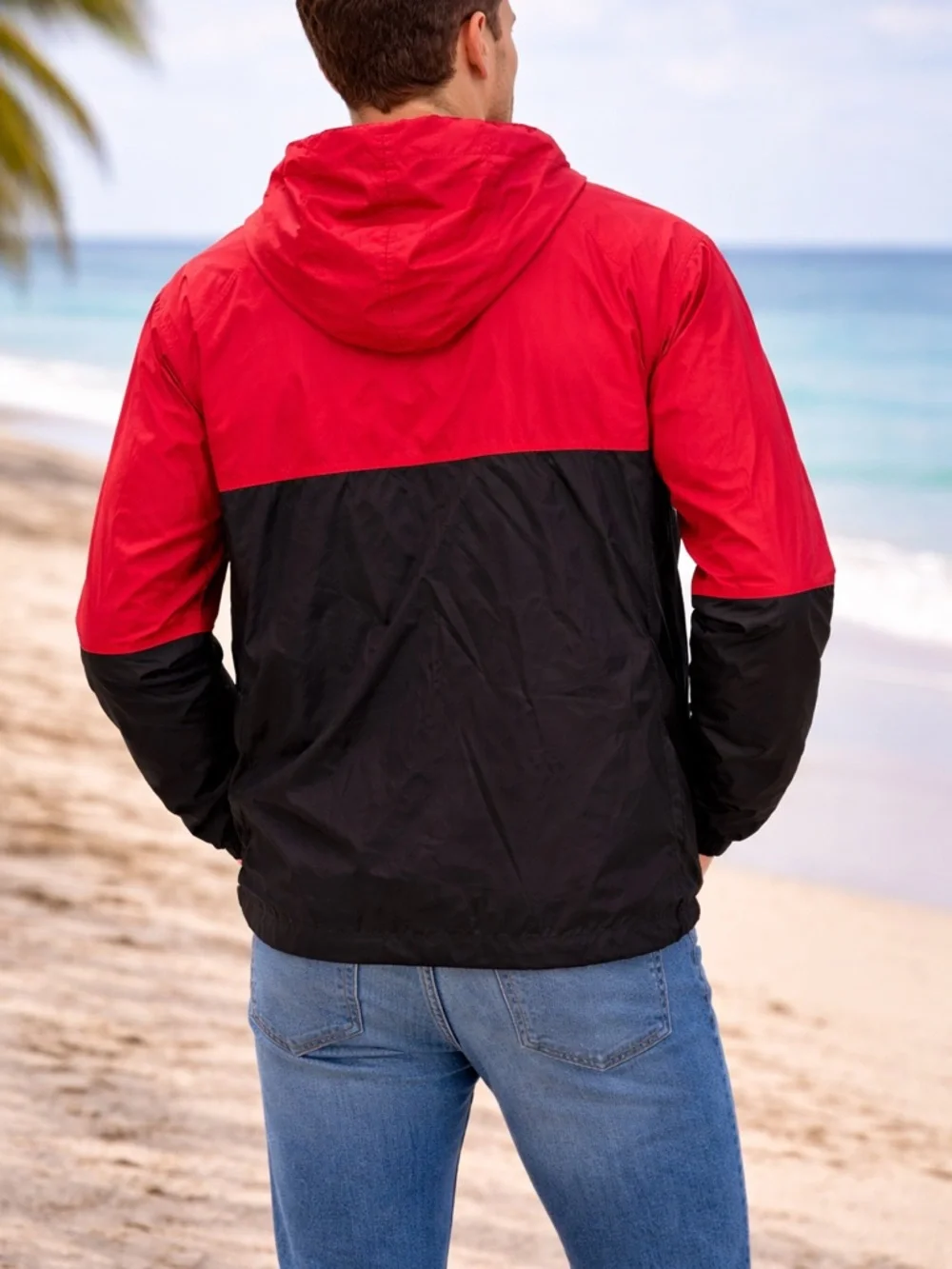 Elwood Red Black Windbreaker Jacket Hooded Lightweight Zip Up Large